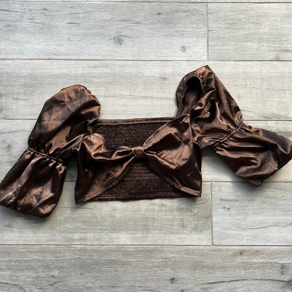 Puffy brown sleeve shirt crop top